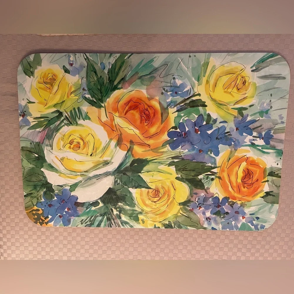 Vintage reusable country cottage/floral 15” x10” placemats by G. Galian in box.